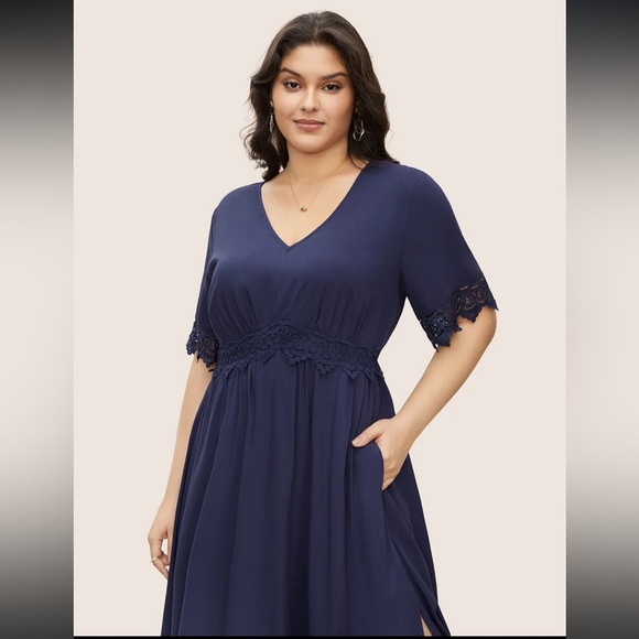 BloomChic Plus Size Solid Lace Panel Elastic Waist Split Hem Dress - Picture 4 of 7